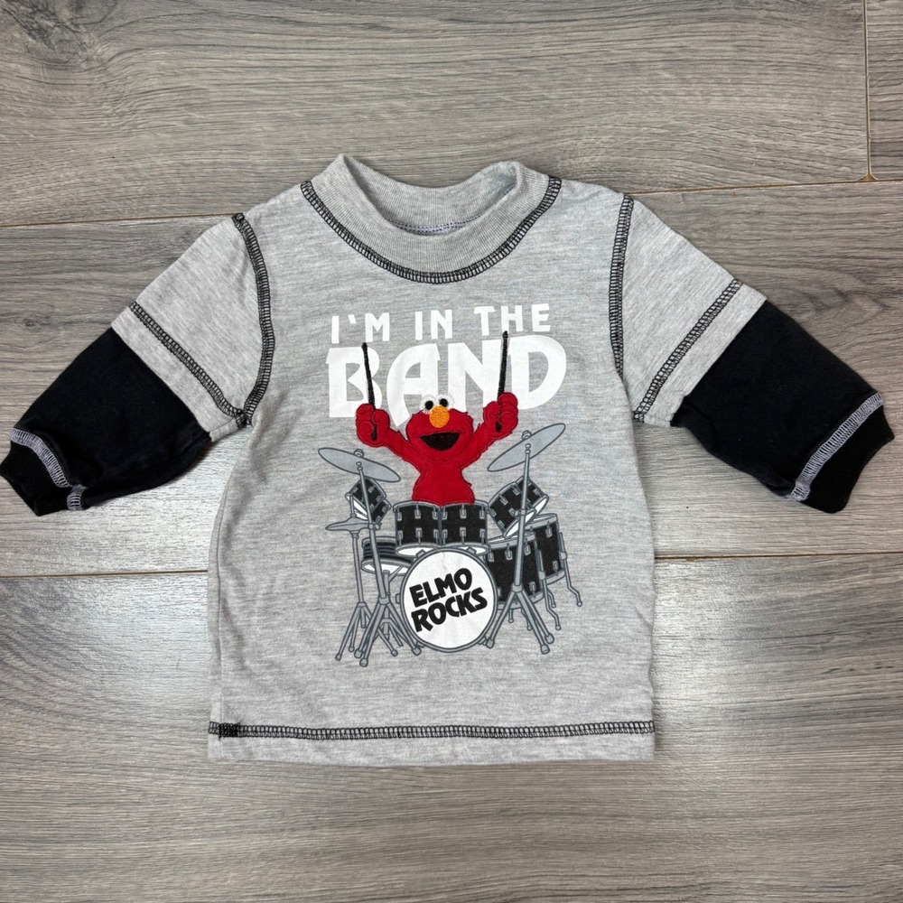 Y2K Sesame Street Elmo's World In The Band Gray Long Sleeve Shirt Baby 12M 2008